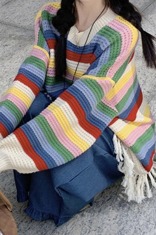 Western Fringed Color Block Striped Knit Sweater