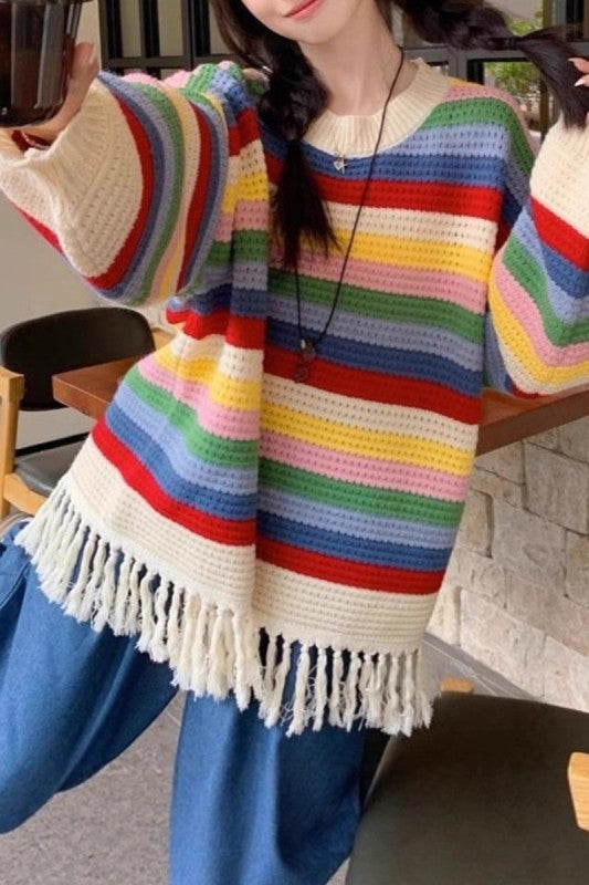 Western Fringed Color Block Striped Knit Sweater
