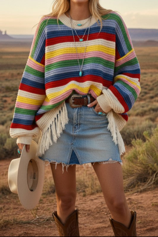 Western Fringed Color Block Striped Knit Sweater