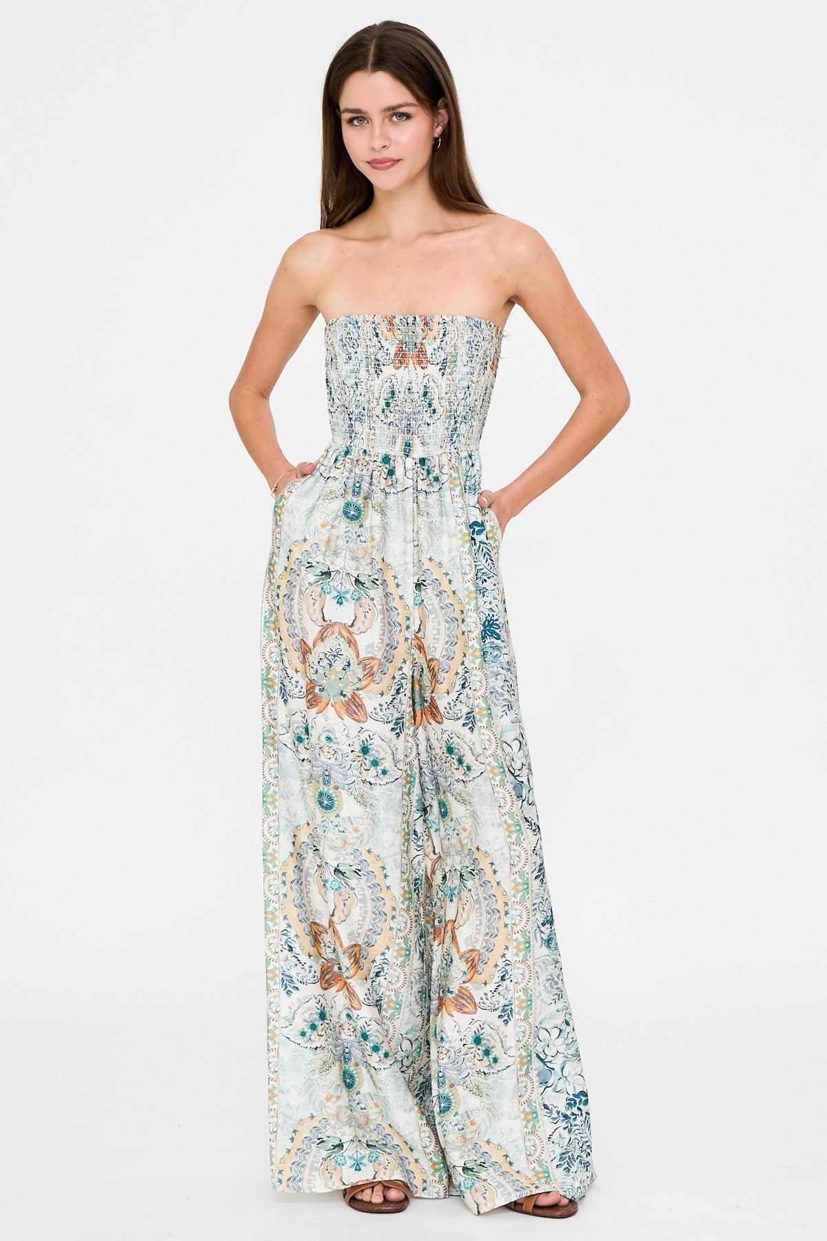 Strapless Smocked Printed Jumpsuit