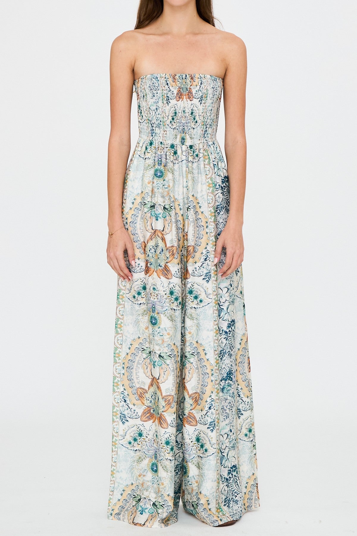 Strapless Smocked Printed Jumpsuit