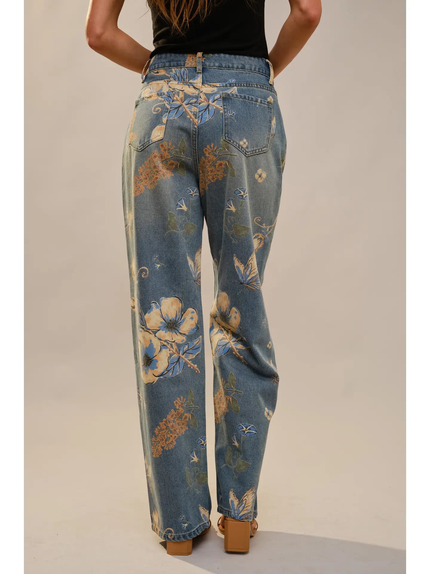 High Rise Wide Leg Jeans - Floral & Butterfly Print