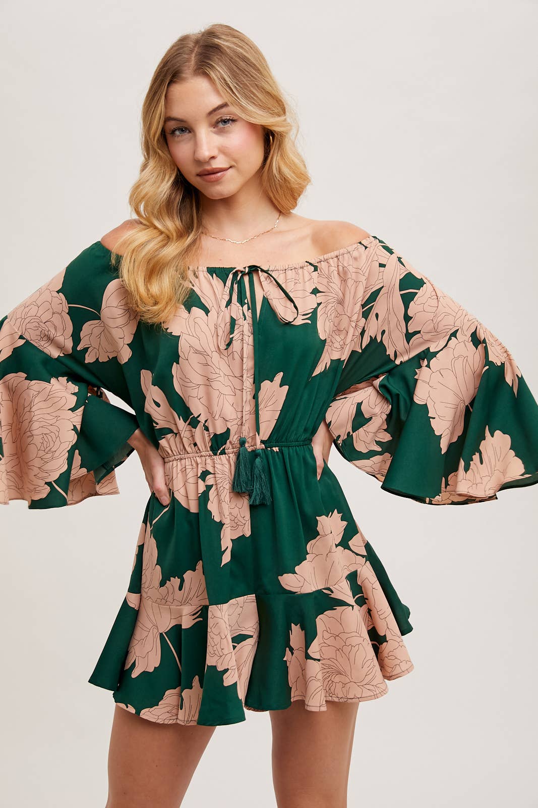Floral Print Off-the-Shoulder Bell Sleeved Romper
