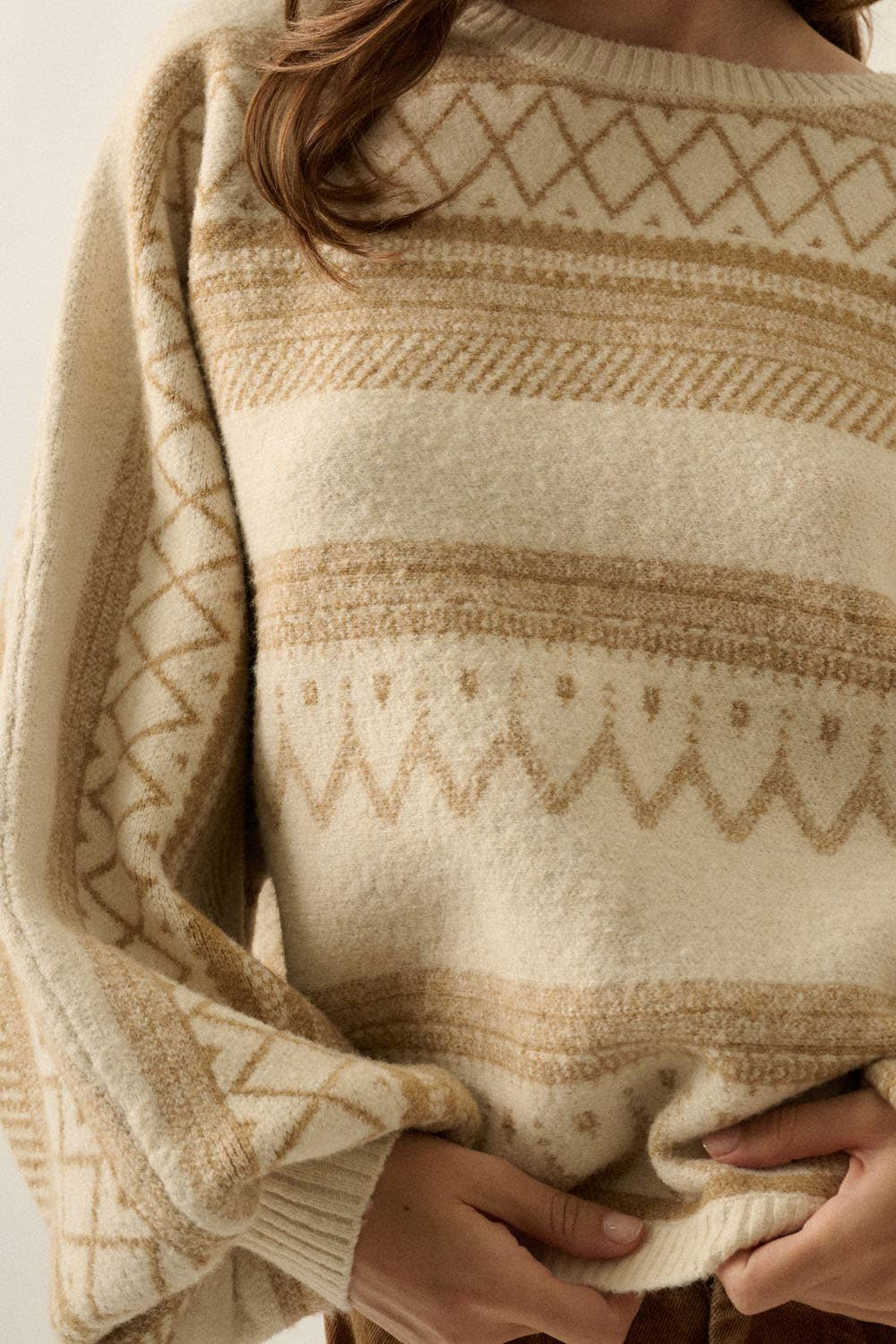 Fair Isle Jacquard-Knit Dolman Bubble-Sleeve Sweater