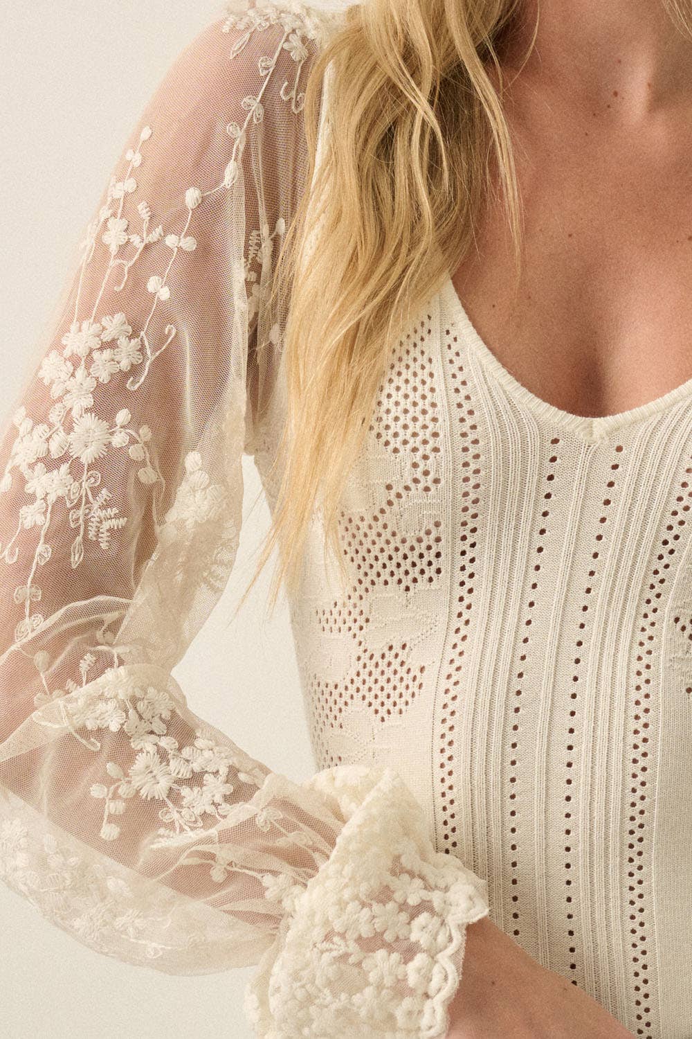 Floral and Ribbed Pointelle-Knit Lace Bubble-Sleeve Bodysuit
