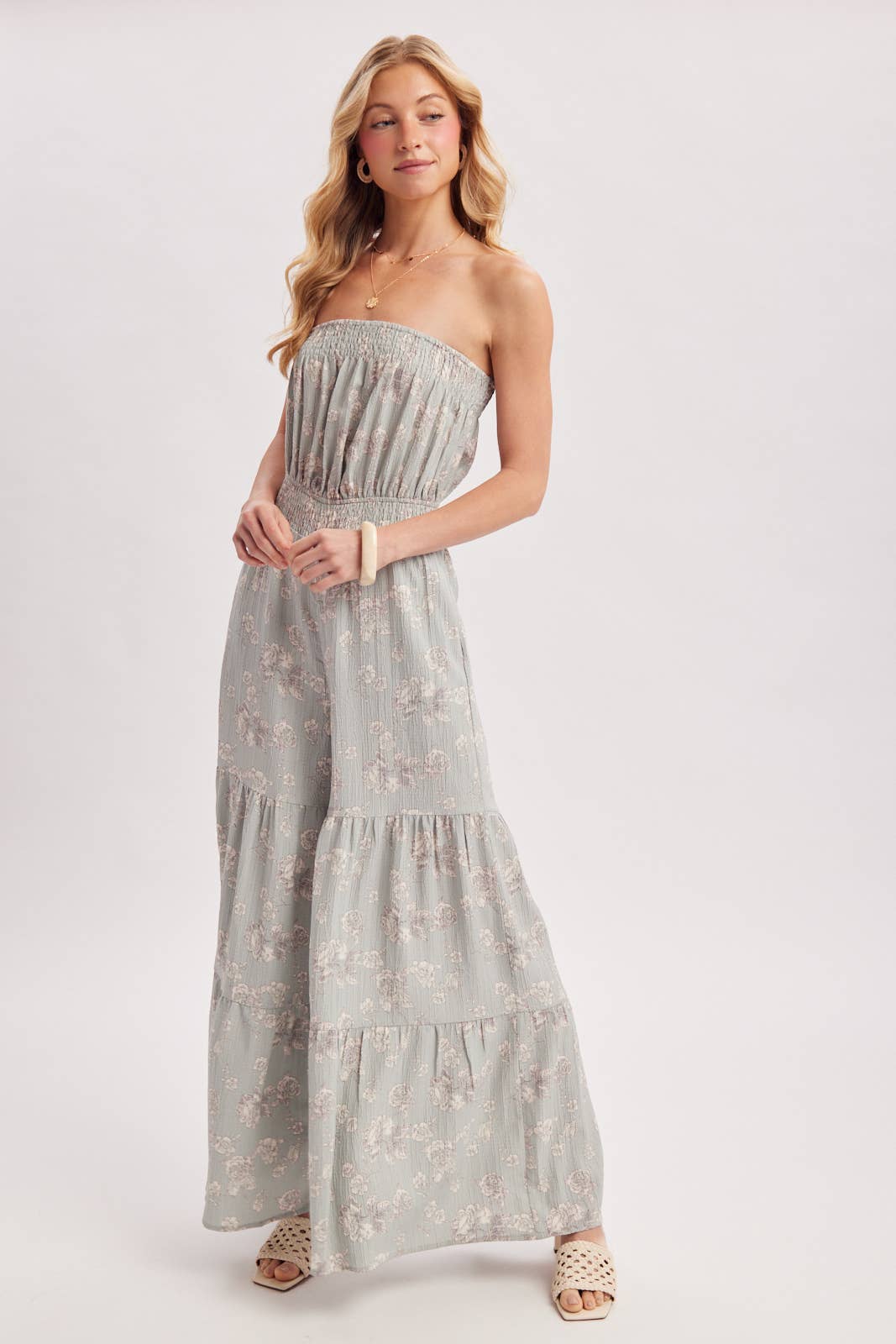 FLORAL PRINT SMOCKED TUBE TOP JUMPSUIT
