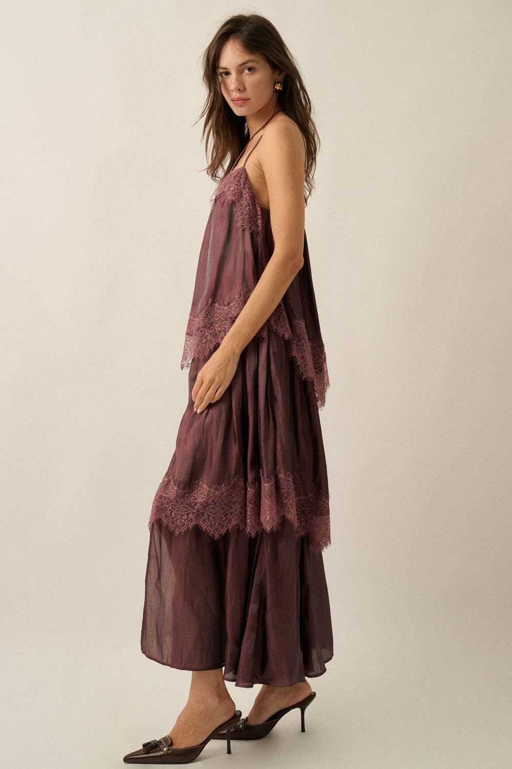Shimmer Chiffon Lace-Trim Tiered Buttoned Maxi Slip Dress