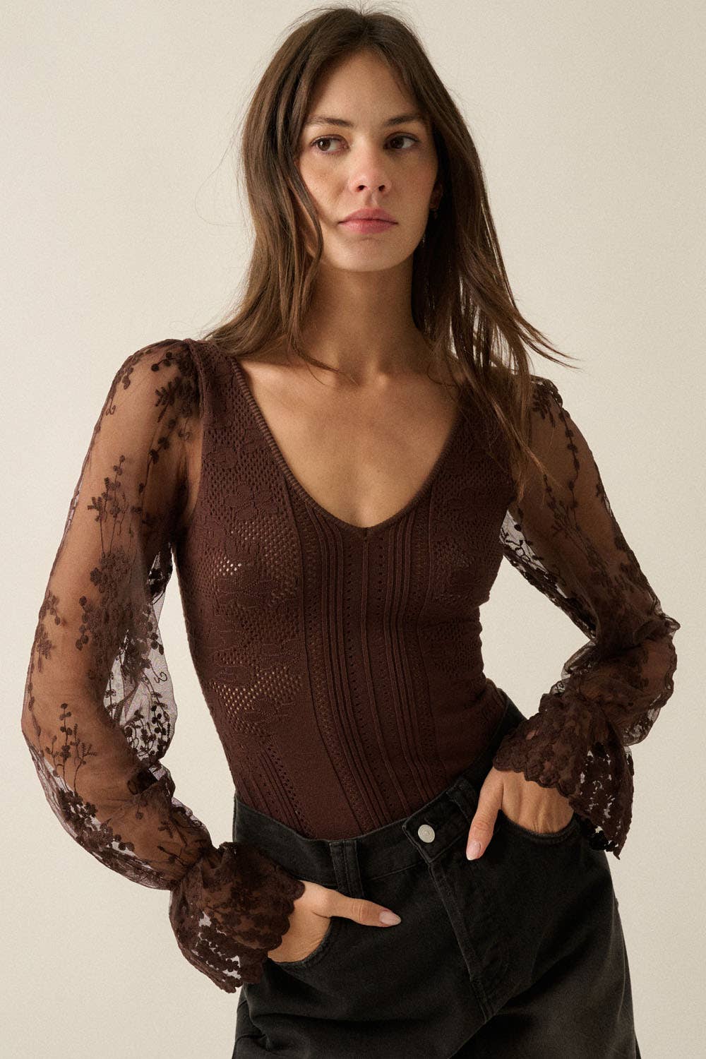Floral and Ribbed Pointelle-Knit Lace Bubble-Sleeve Bodysuit