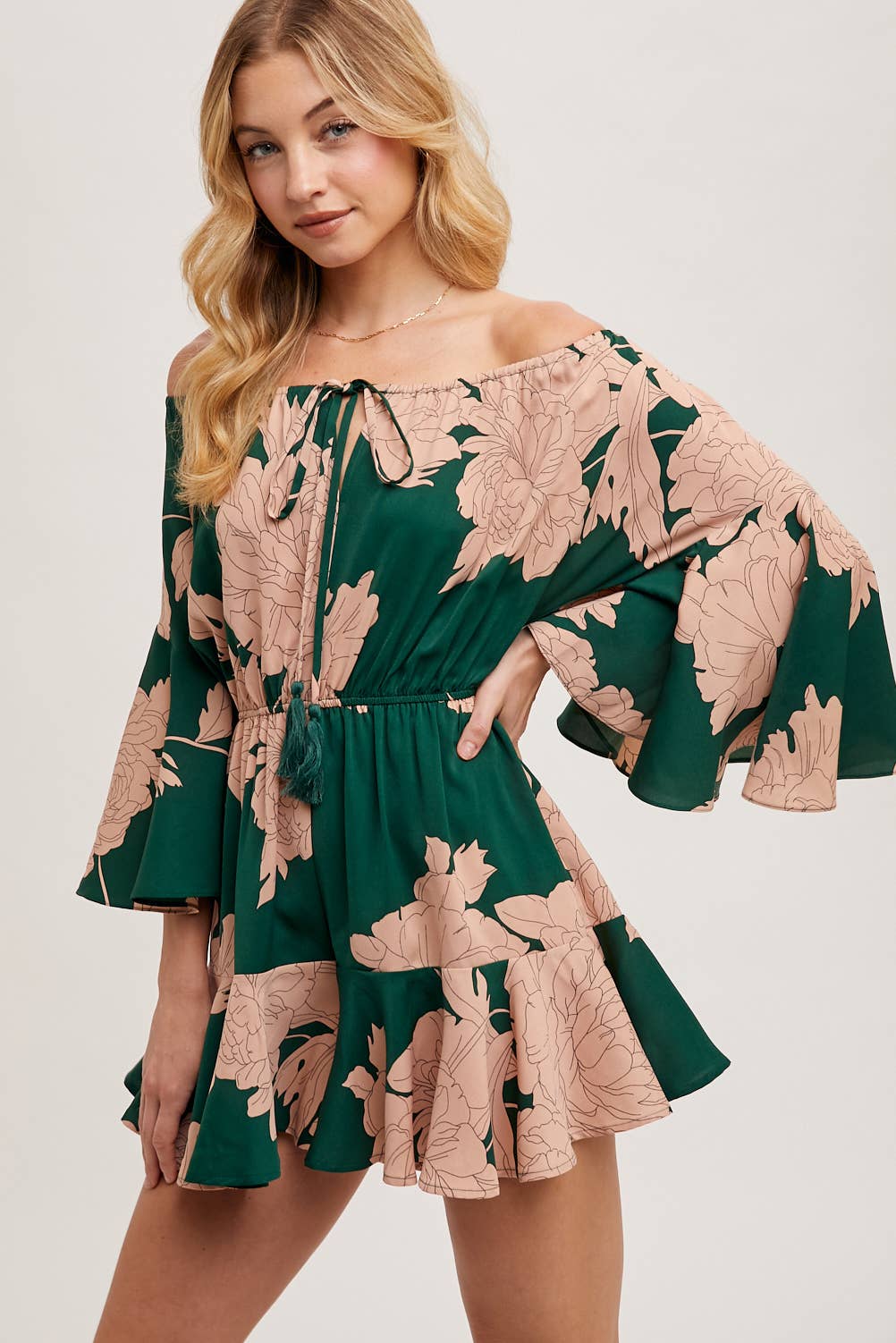 Floral Print Off-the-Shoulder Bell Sleeved Romper
