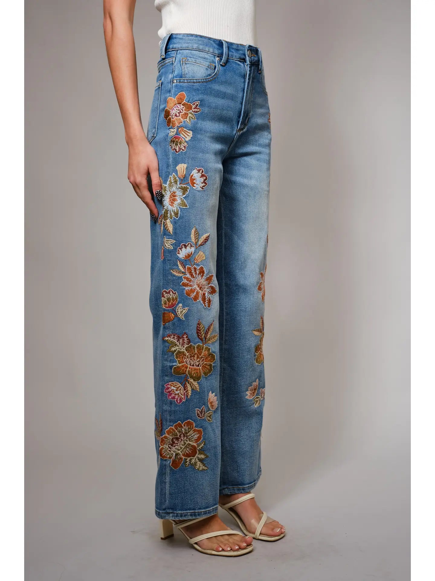 Flower Embroidery High Waist Flare Jean