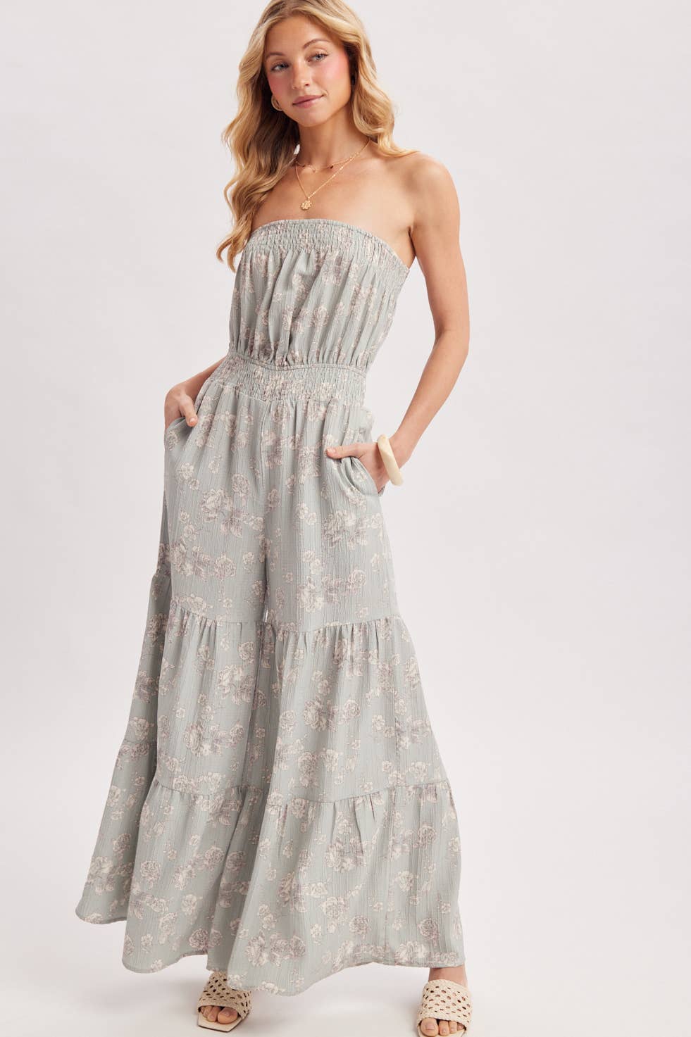 FLORAL PRINT SMOCKED TUBE TOP JUMPSUIT