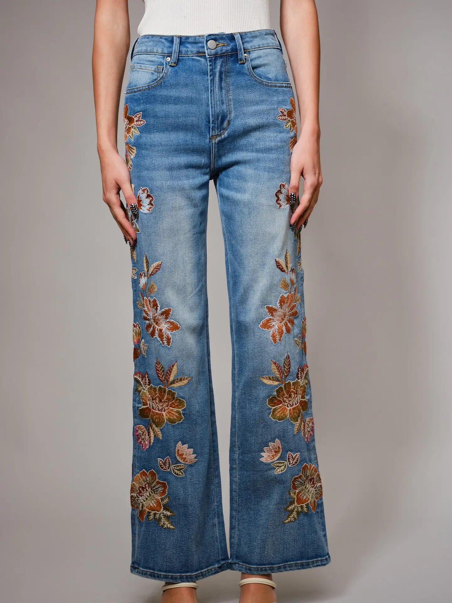 Flower Embroidery High Waist Flare Jean
