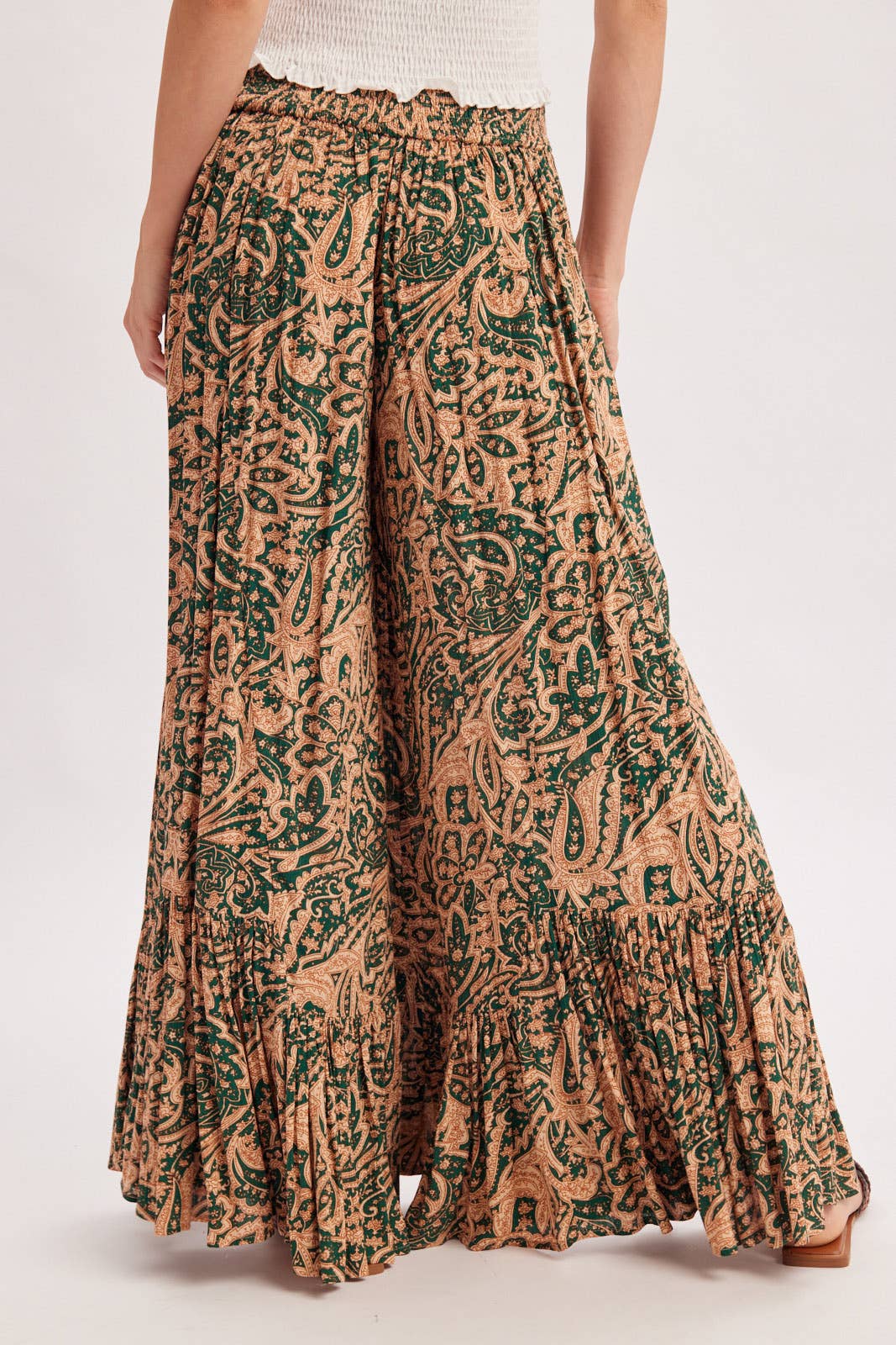 PAISLEY PRINT WIDE RUFFLED PANTS
