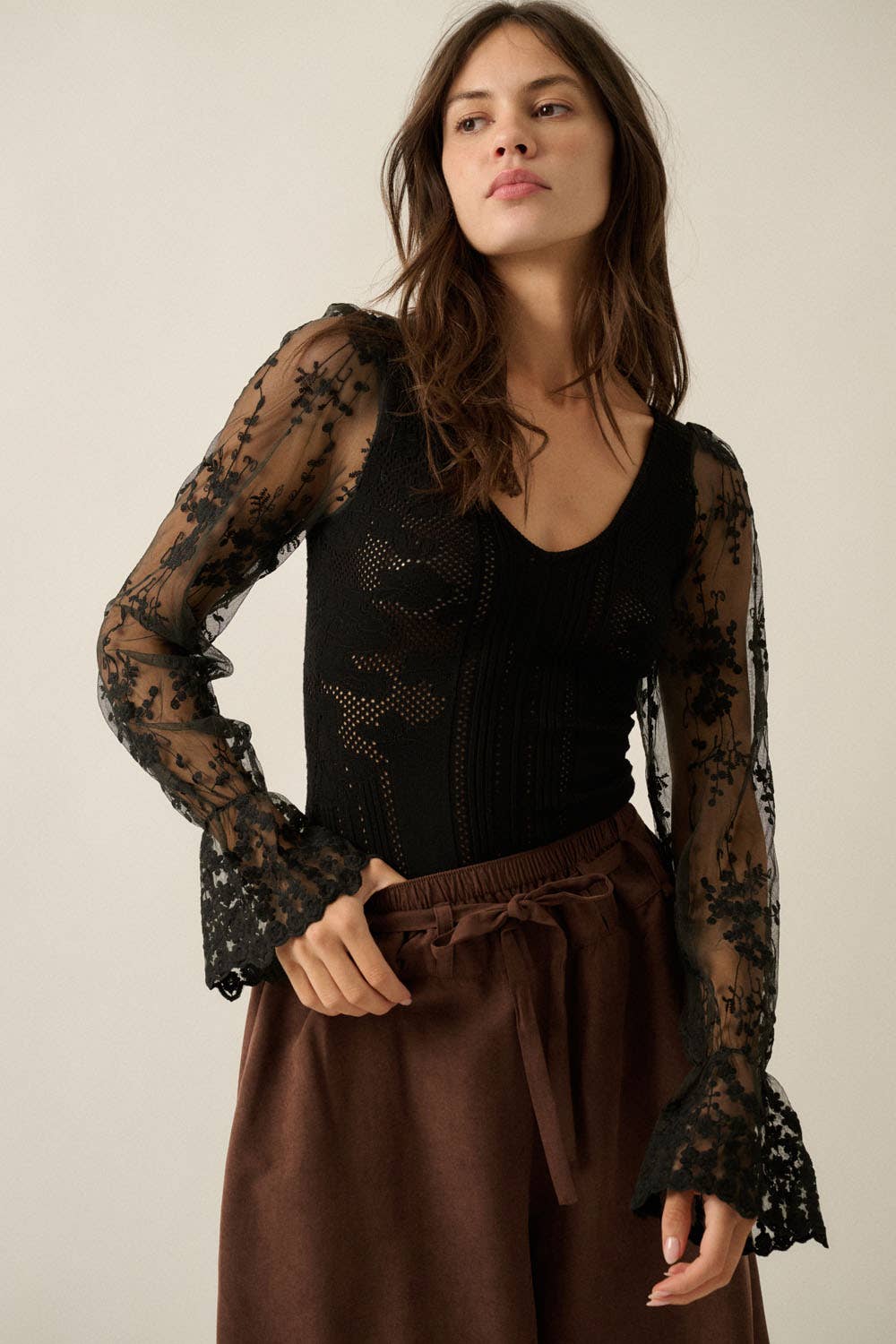 Floral and Ribbed Pointelle-Knit Lace Bubble-Sleeve Bodysuit