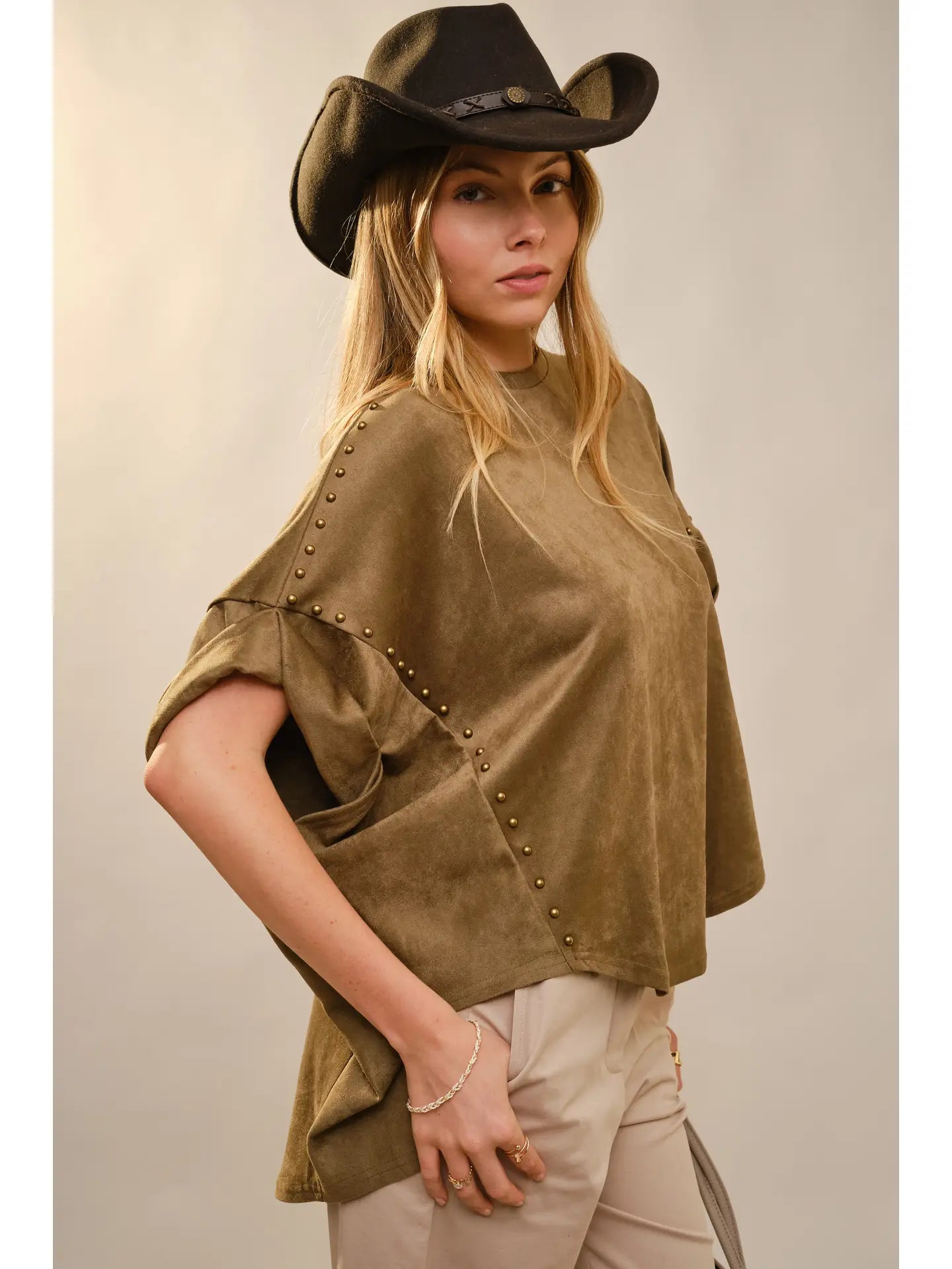 Oversized Suede-Look Tee with Side Studs