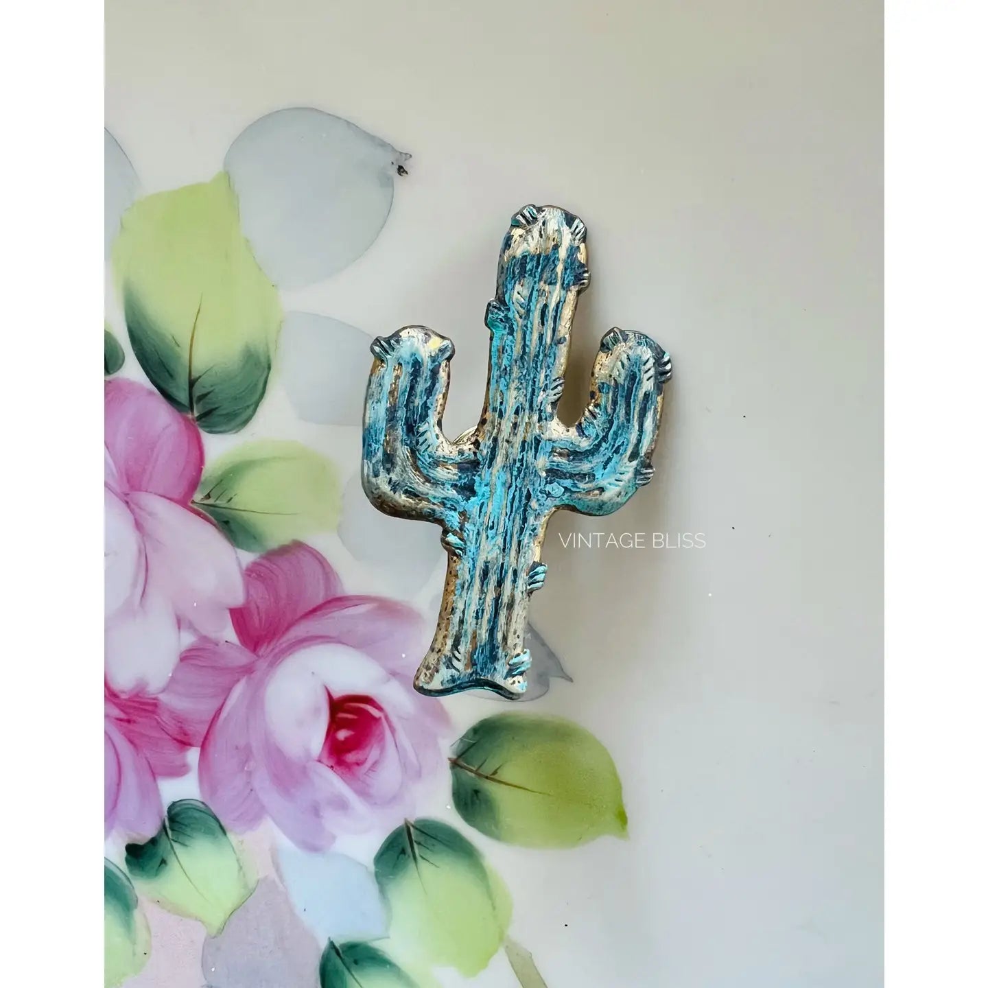 Western Turquoise Patina Aged Brass Cactus Hat Pin
