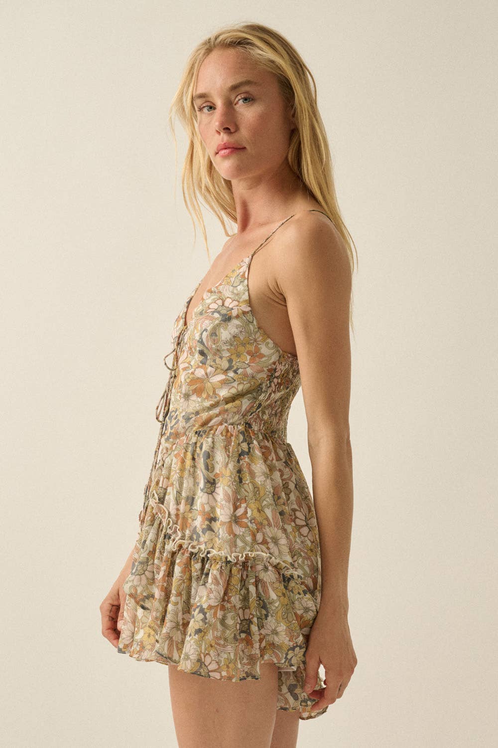 Floral Chiffon Tie-Front Ruffled Cami Romper