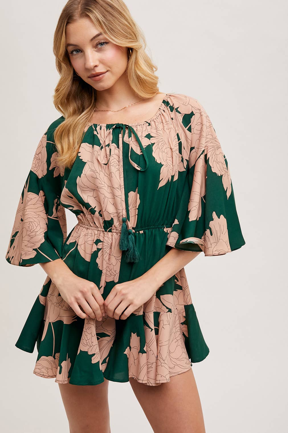 Floral Print Off-the-Shoulder Bell Sleeved Romper