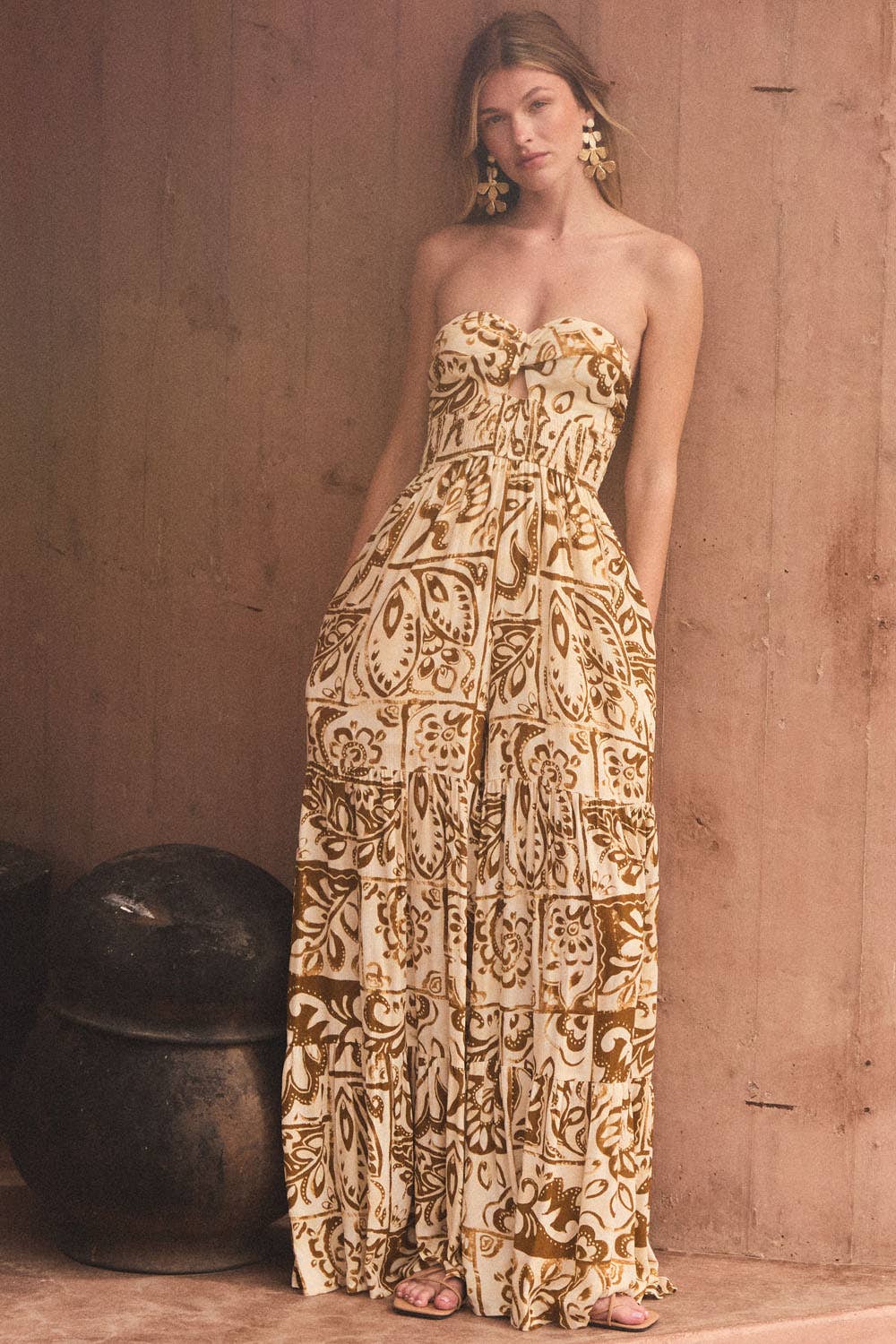 Floral-Print Crepe Strapless Wide-Leg Tiered Jumpsuit