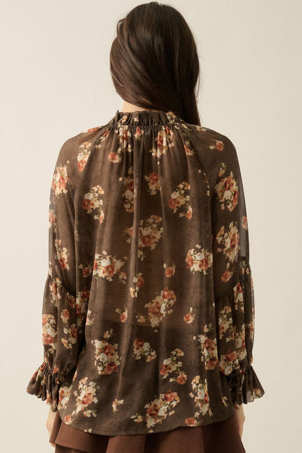 Sheer Floral Chiffon Lantern-Sleeve Button-Front Top