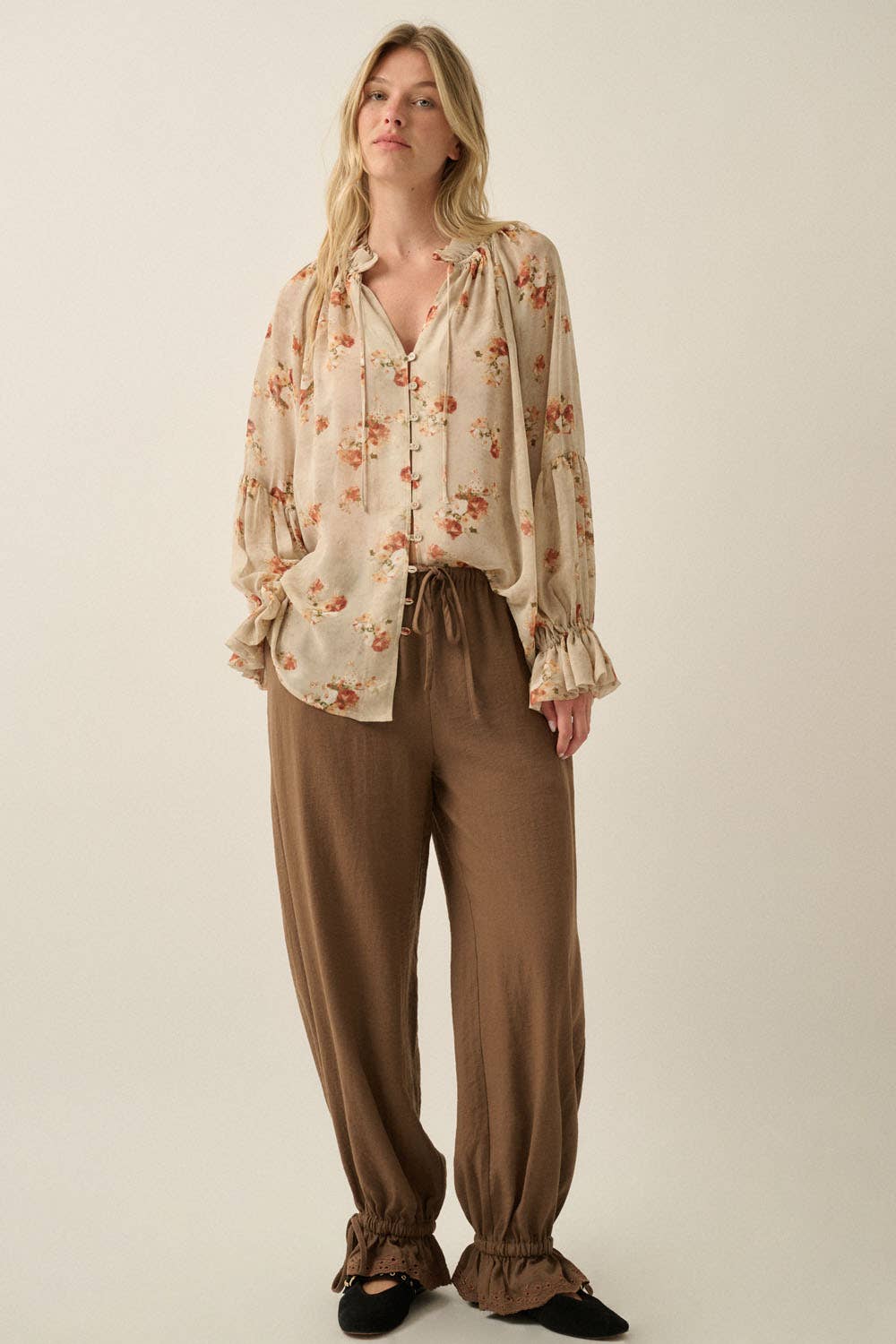 Sheer Floral Chiffon Lantern-Sleeve Button-Front Top