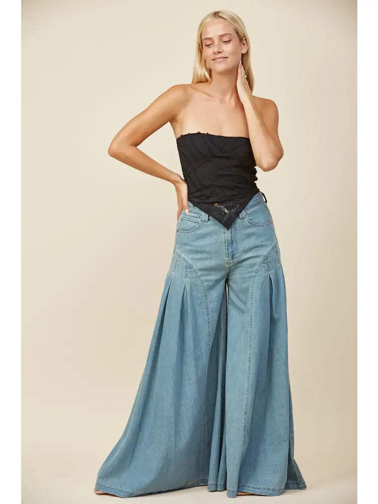 Boho Pleated Wide-Leg Denim Palazzo Pants