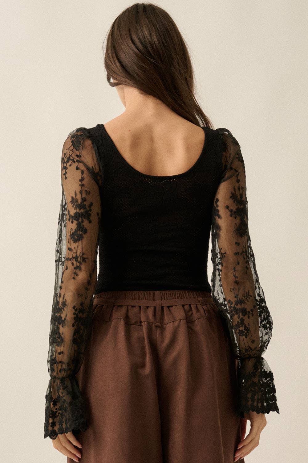 Floral and Ribbed Pointelle-Knit Lace Bubble-Sleeve Bodysuit