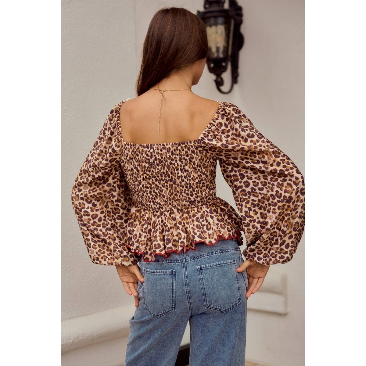 Luxe Leopard Wave Embroidered Sleeve Blouse