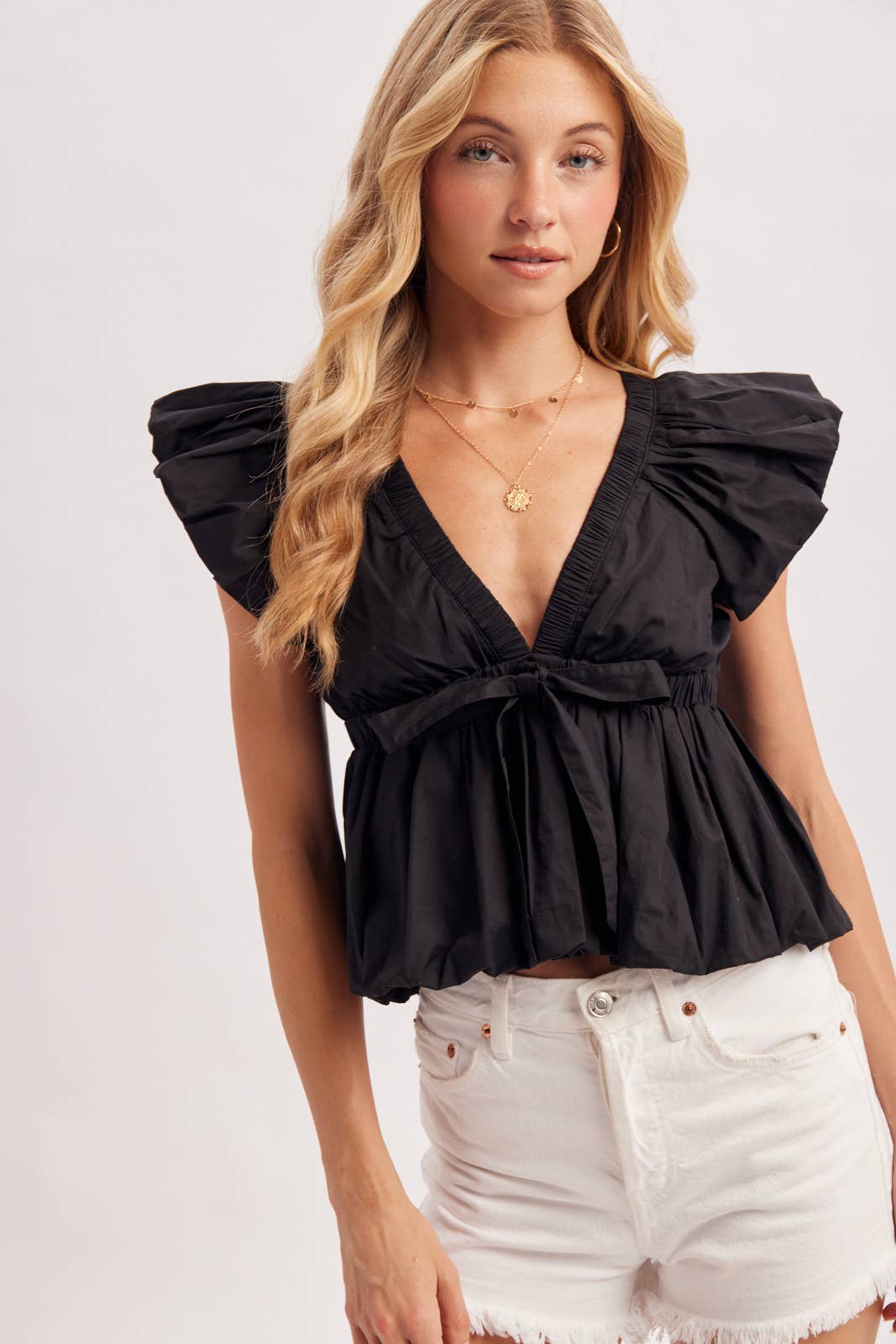 Deep V-Neck Ribbon Front Pleated Peplum Blouse