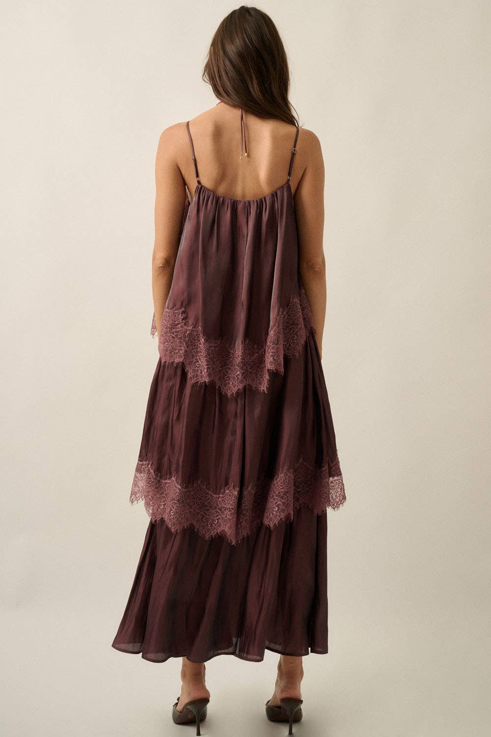 Shimmer Chiffon Lace-Trim Tiered Buttoned Maxi Slip Dress
