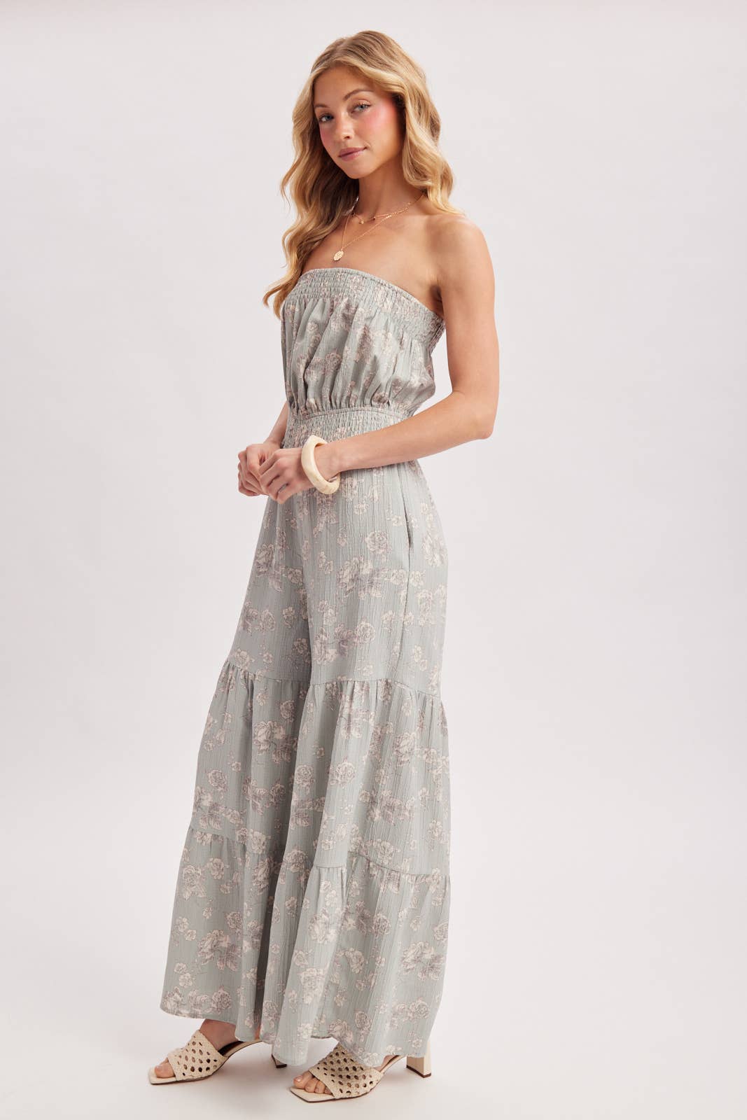 FLORAL PRINT SMOCKED TUBE TOP JUMPSUIT