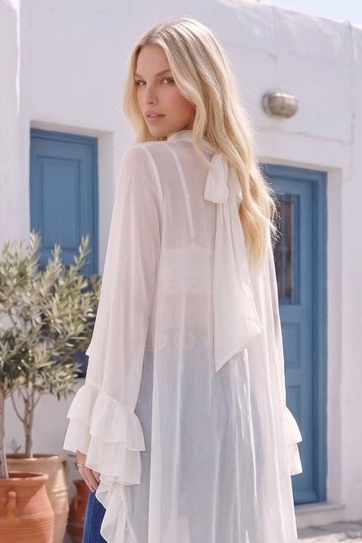 Ruffled Mock Neck Blouse with Asymmetrical Hem