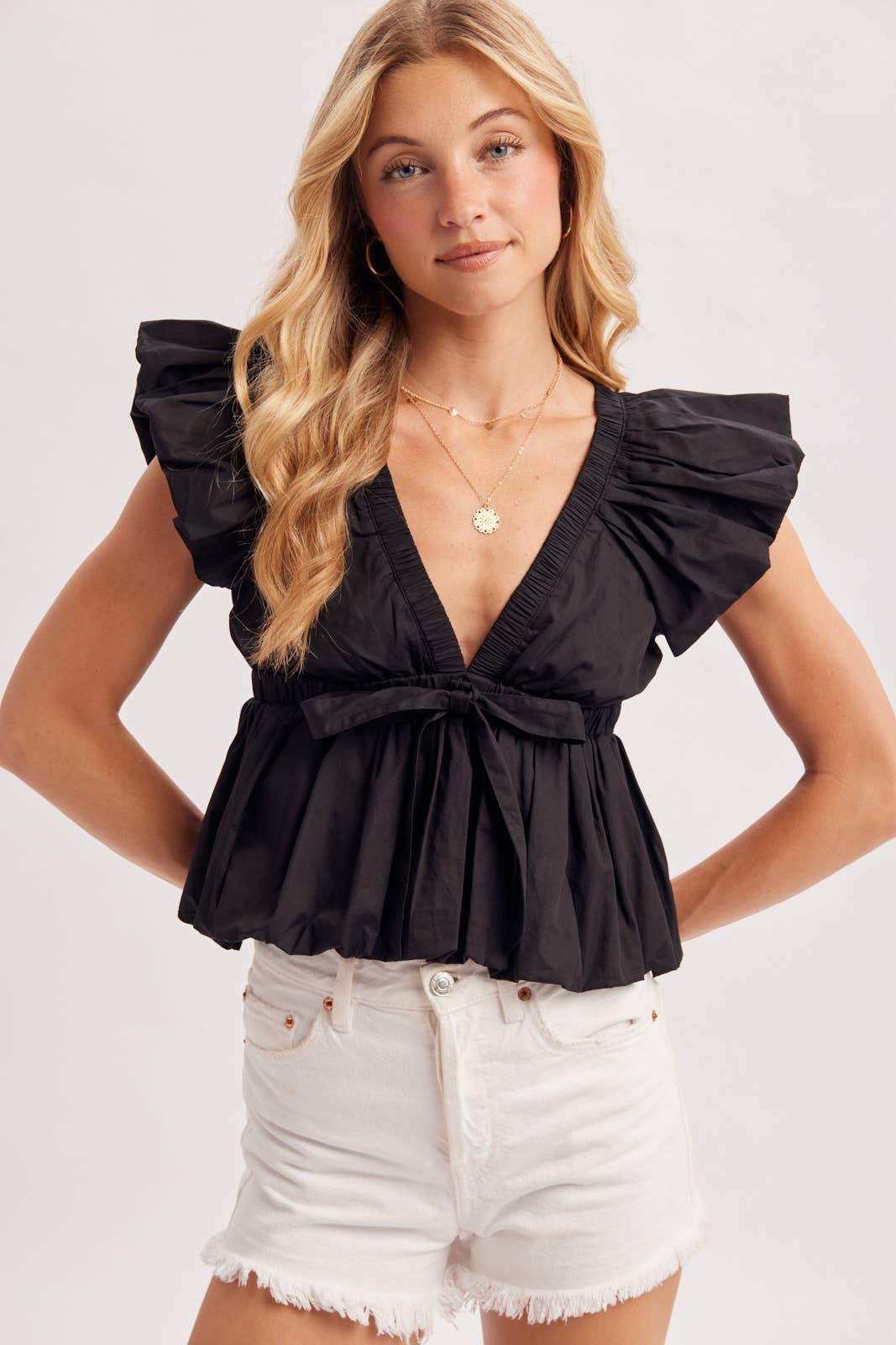 Deep V-Neck Ribbon Front Pleated Peplum Blouse