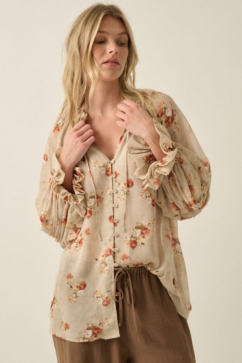 Sheer Floral Chiffon Lantern-Sleeve Button-Front Top