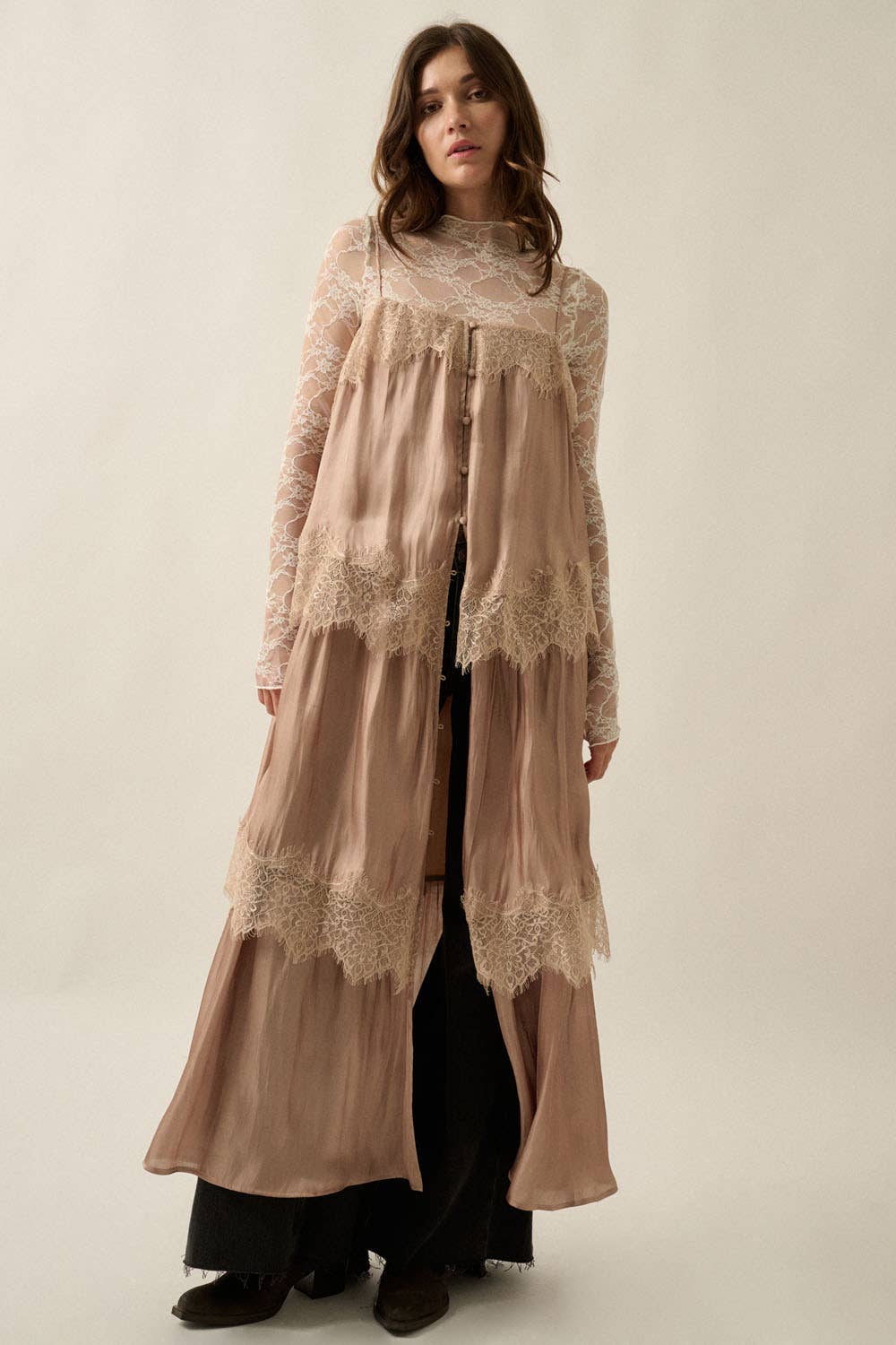Shimmer Chiffon Lace-Trim Tiered Buttoned Maxi Slip Dress
