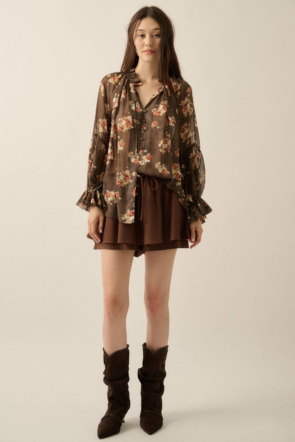 Sheer Floral Chiffon Lantern-Sleeve Button-Front Top