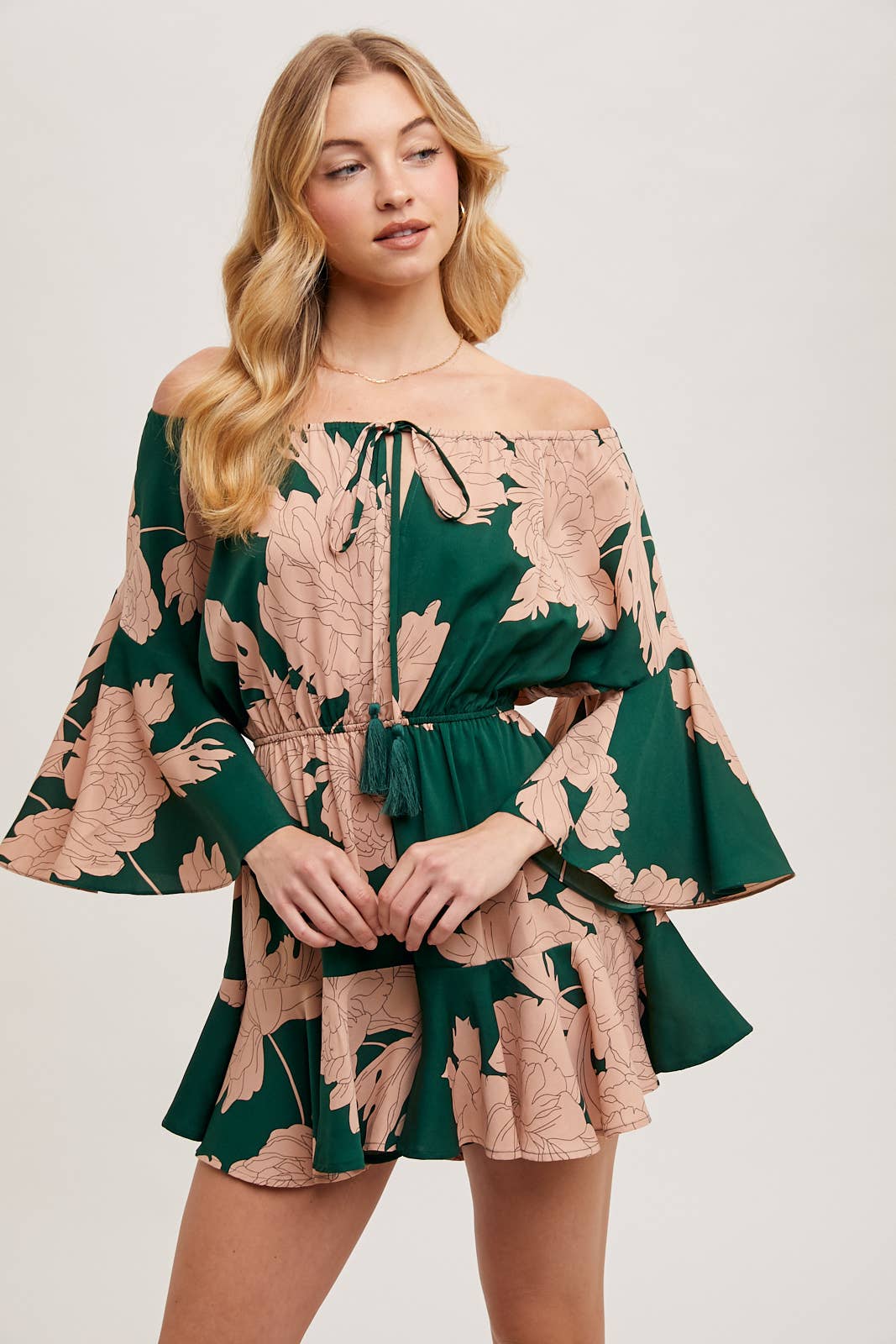Floral Print Off-the-Shoulder Bell Sleeved Romper