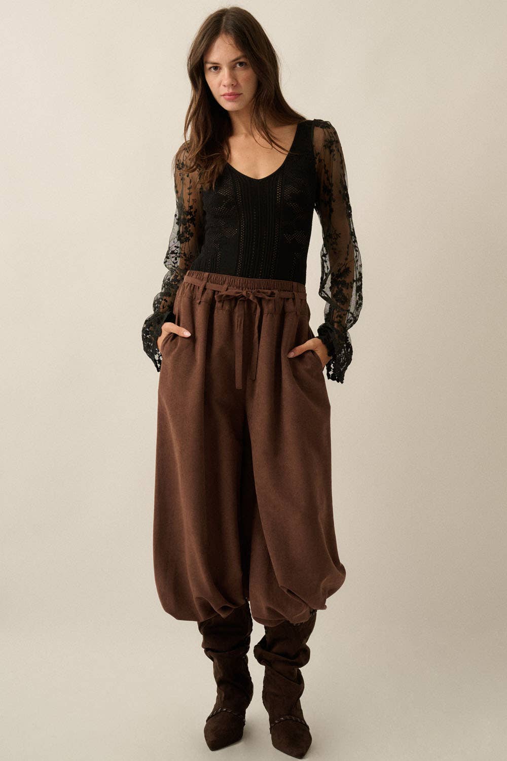 Floral and Ribbed Pointelle-Knit Lace Bubble-Sleeve Bodysuit