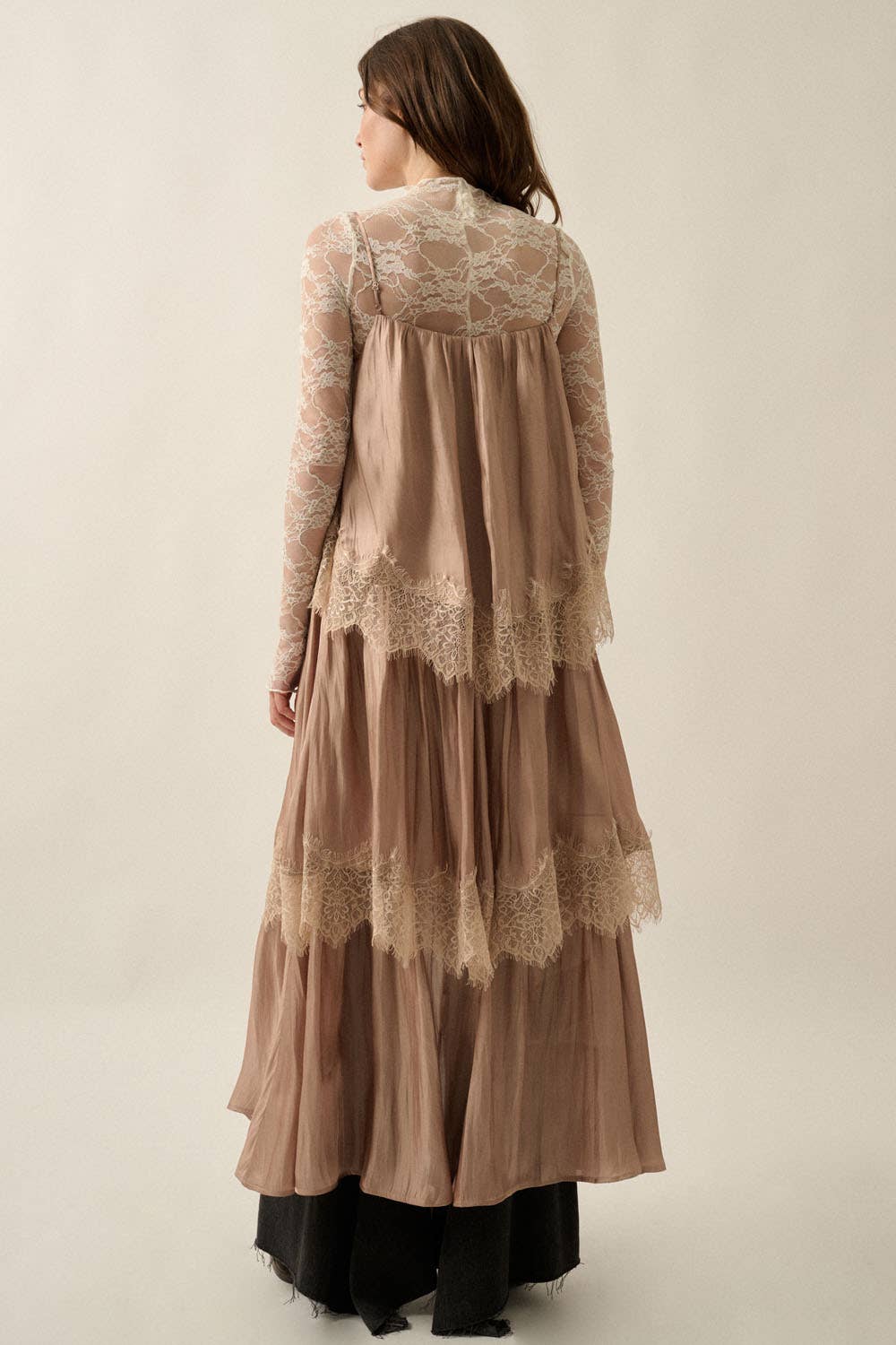 Shimmer Chiffon Lace-Trim Tiered Buttoned Maxi Slip Dress