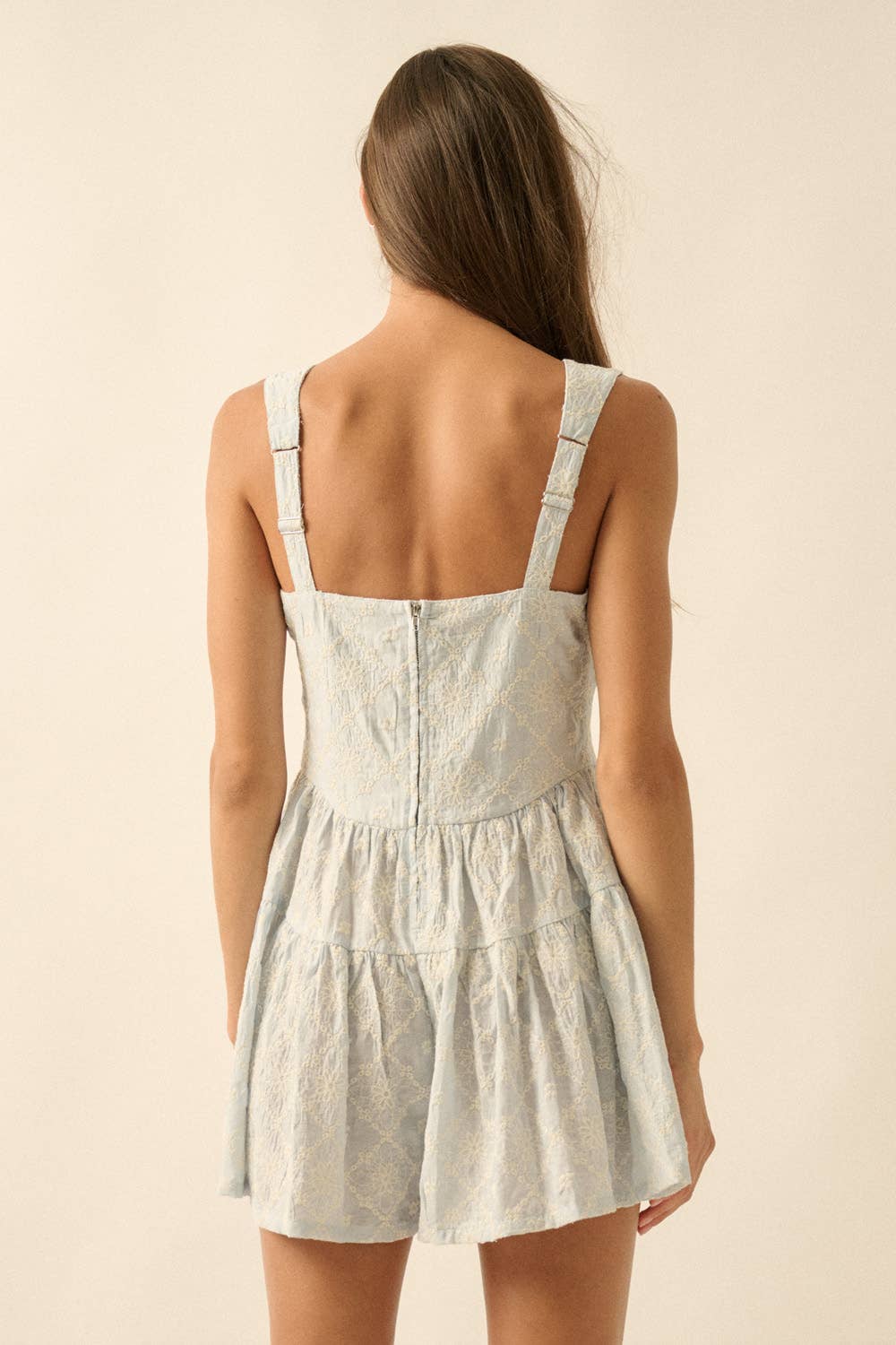 Floral-Embroidered Tiered-Ruffle Corset Romper