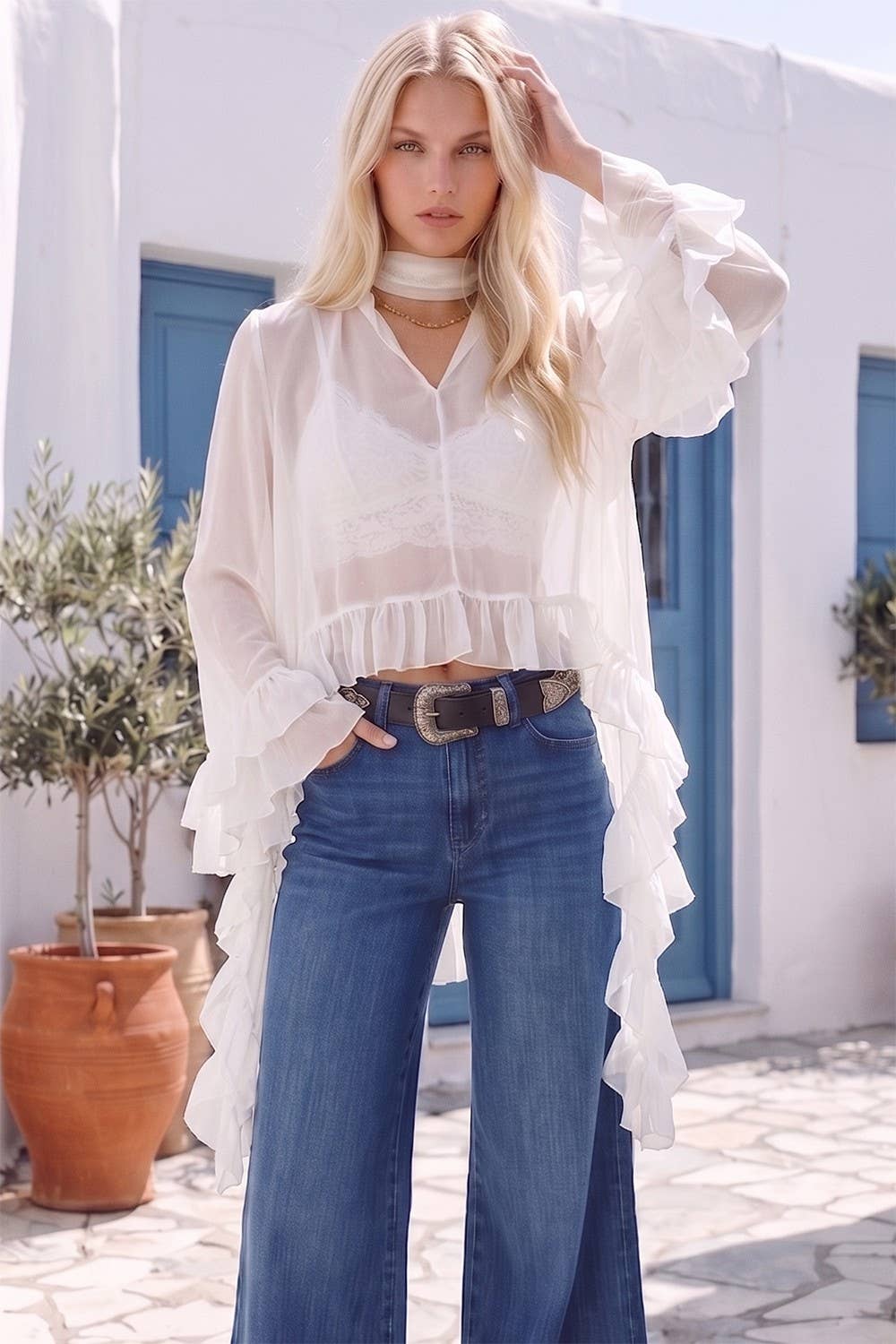Ruffled Mock Neck Blouse with Asymmetrical Hem