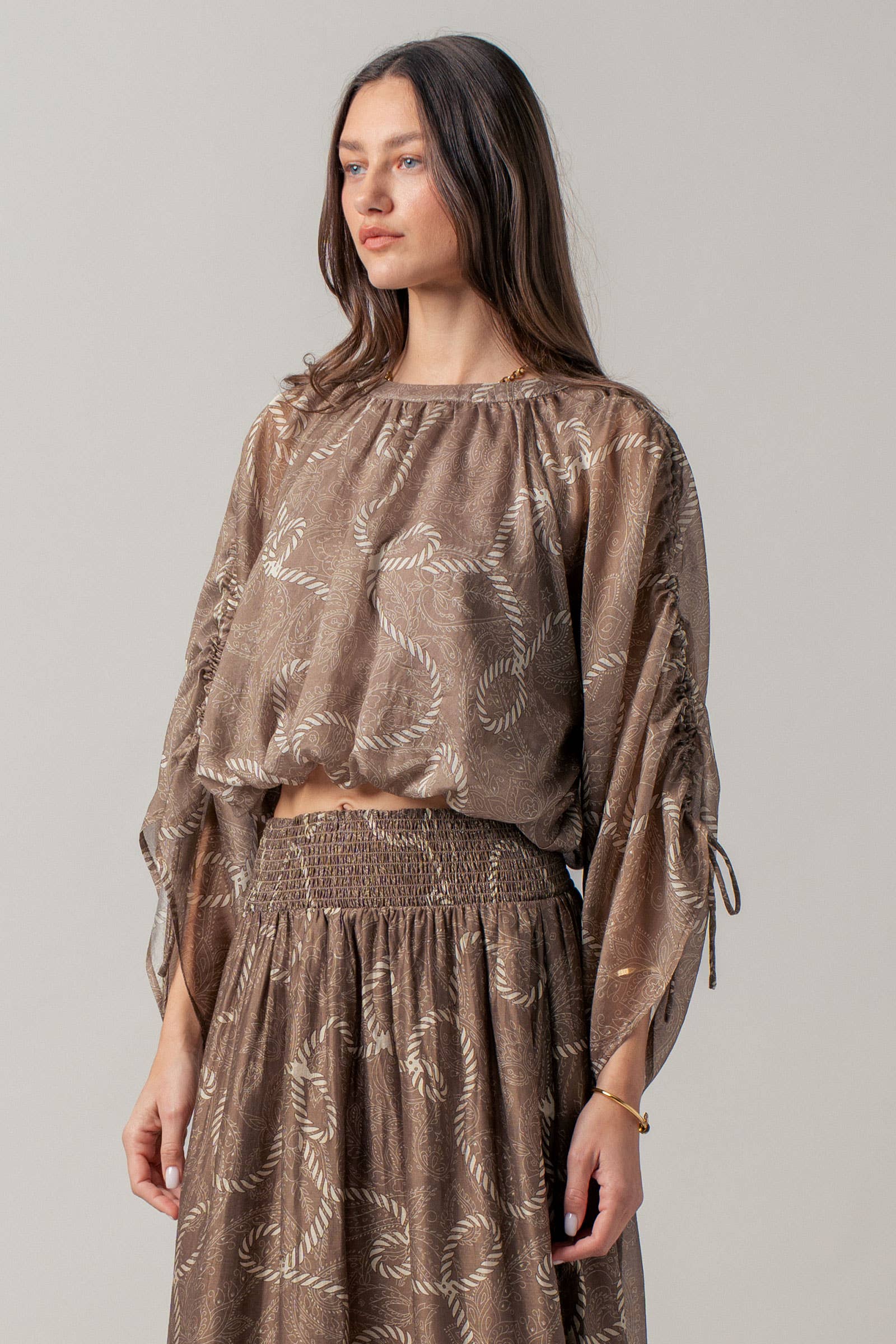 Rope Print Ruched Sleeve Blouse