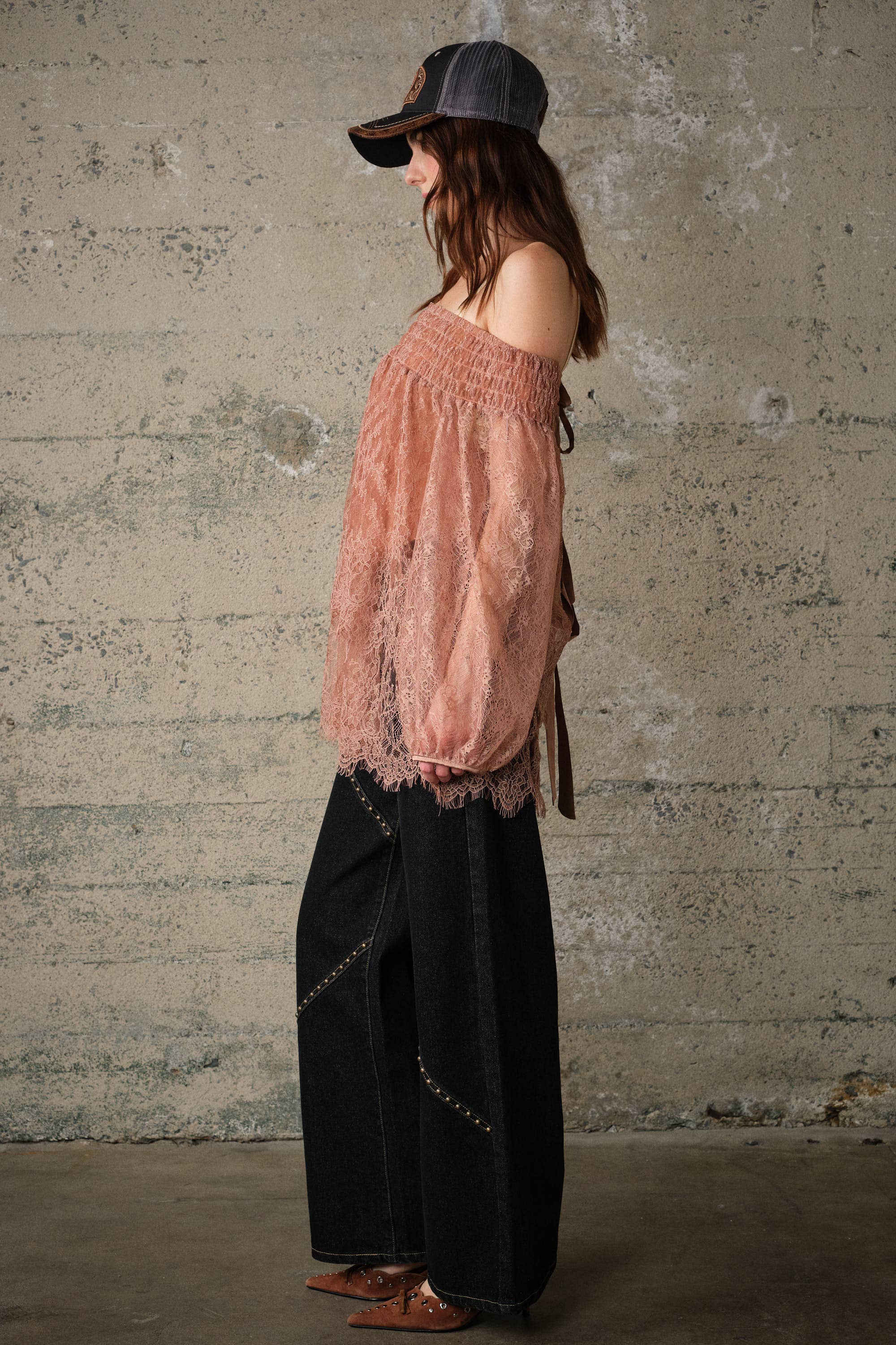 Off Shoulder Sheer Lace Blouse