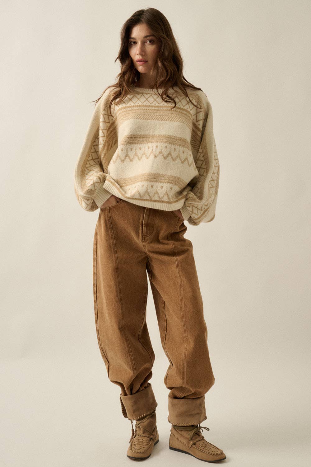Fair Isle Jacquard-Knit Dolman Bubble-Sleeve Sweater
