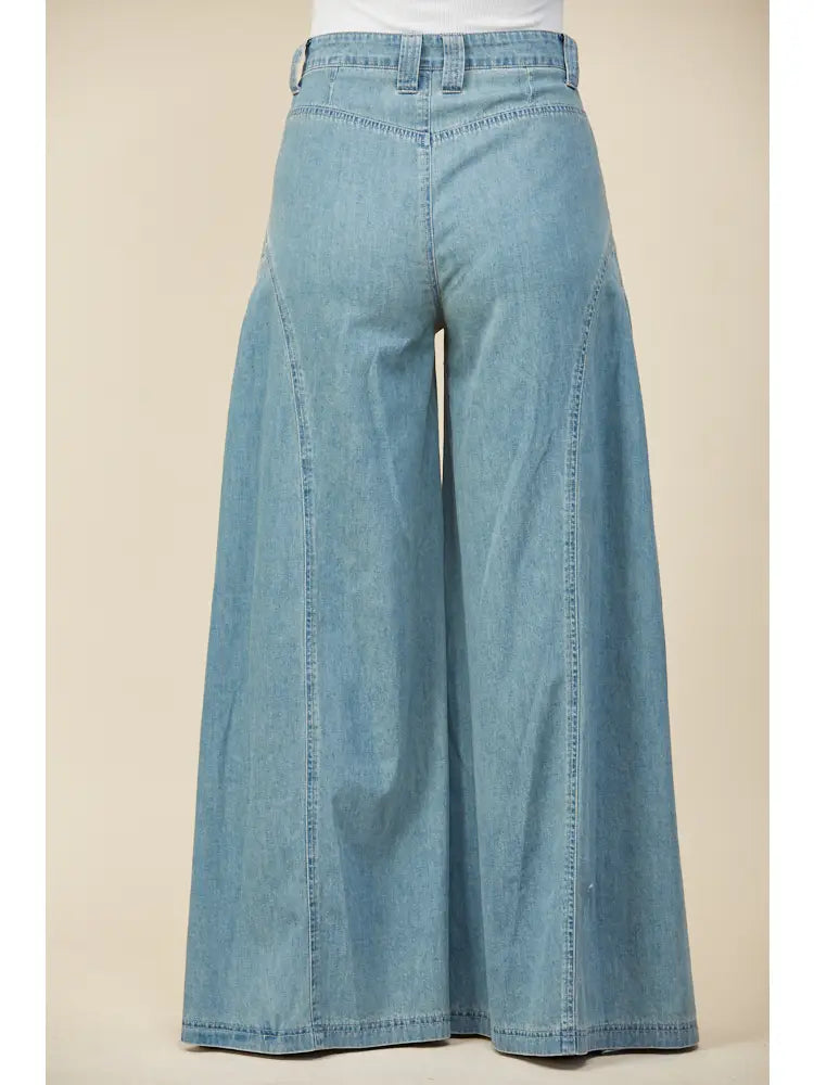 Boho Pleated Wide-Leg Denim Palazzo Pants