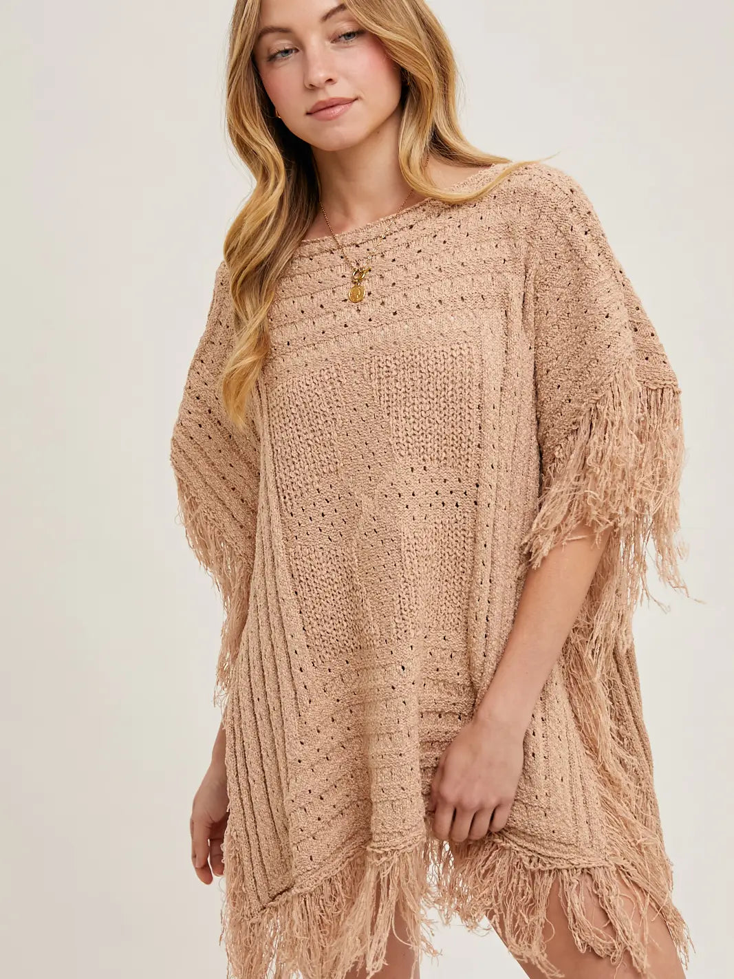 Western Fringed Knit Sweater Poncho