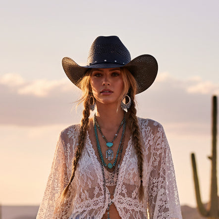 black straw cattleman cowboy hat with studded band styled western outfit festival cowgirl look Dani California Boutique