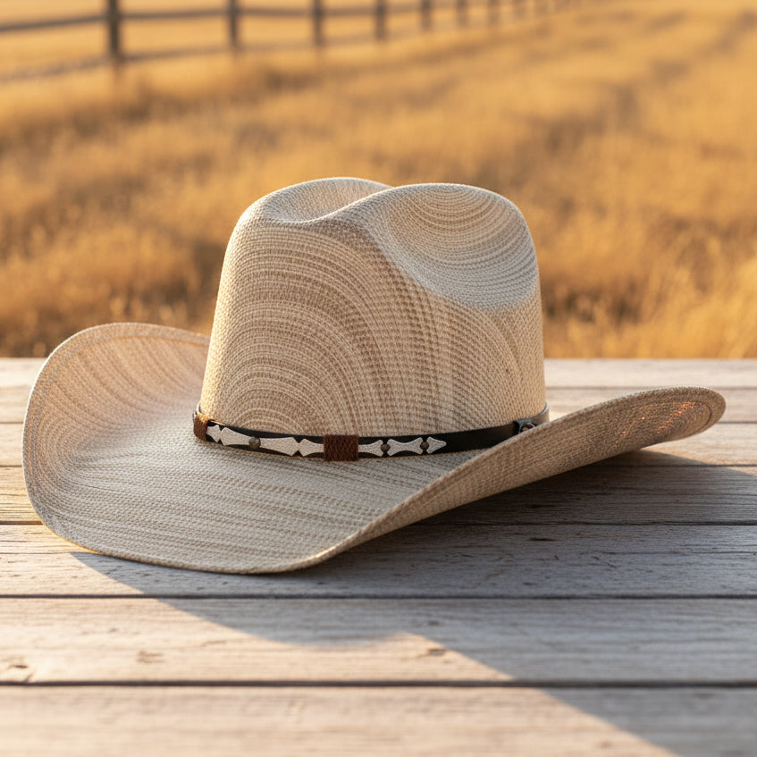 tan straw cattleman cowboy hat with faux leather band western boho Dani California Boutique
