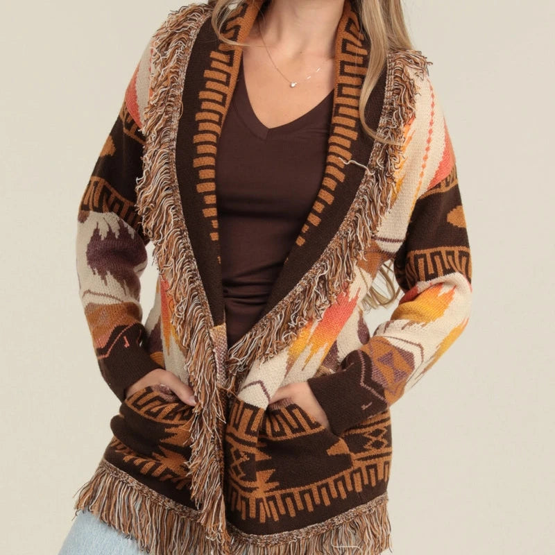 Fringe Collared Aztec Sweater