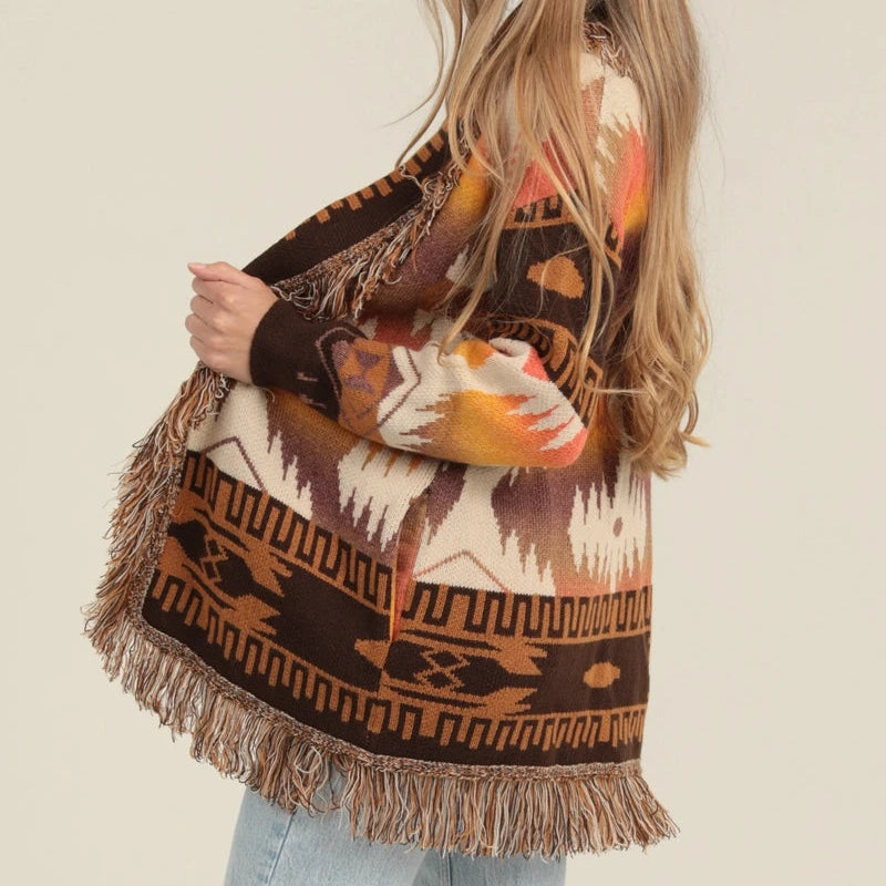 Fringe Collared Aztec Sweater